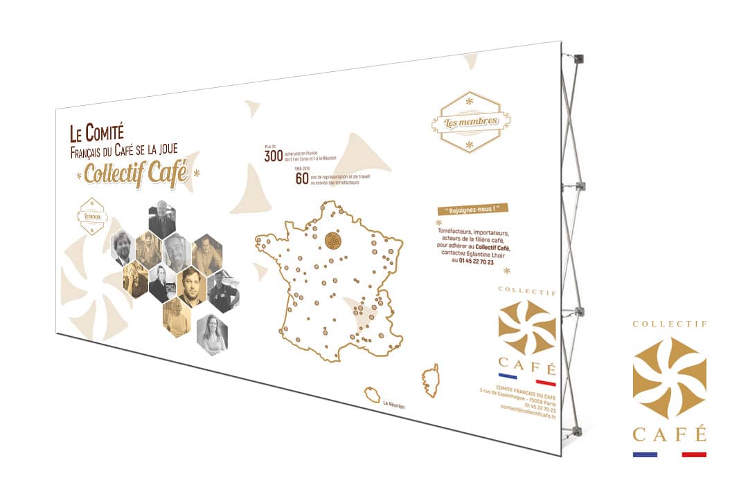 Création et conception graphique de bâches pour le salon 'Collectif Café 2018' pour la ville de Bordeaux avec Eugénie Stratégie, chargée de communication.