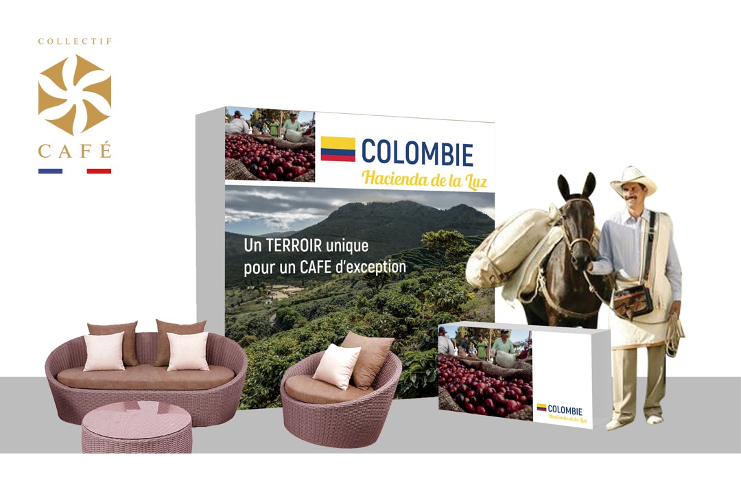 Création et conception graphique de bâches (simulation 3D) pour un dossier de présentation pour le salon 'Paris Coffee Show 2019' pour la ville de Bordeaux avec Eugénie Stratégie, chargée de communication.