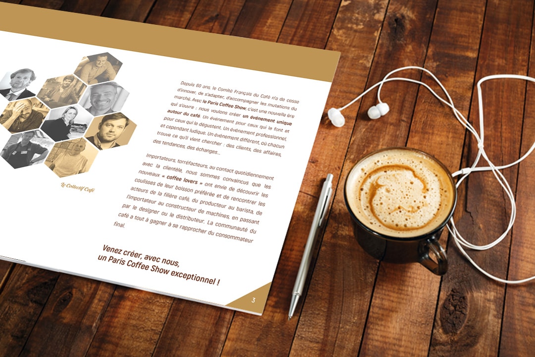 Création et conception graphique du dossier de présentation pour le salon «Paris Coffee Show 2019» pour la ville de Bordeaux avec Eugénie Stratégie, chargée de communication.