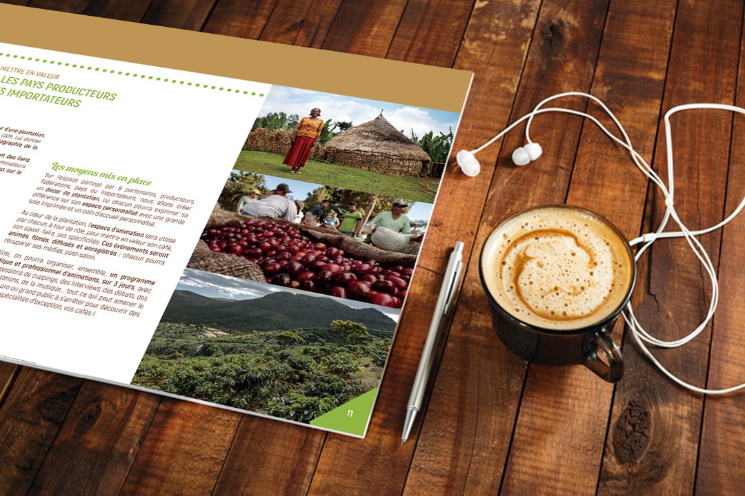 Création et conception graphique du dossier de présentation pour le salon «Paris Coffee Show 2019» pour la ville de Bordeaux avec Eugénie Stratégie, chargée de communication.