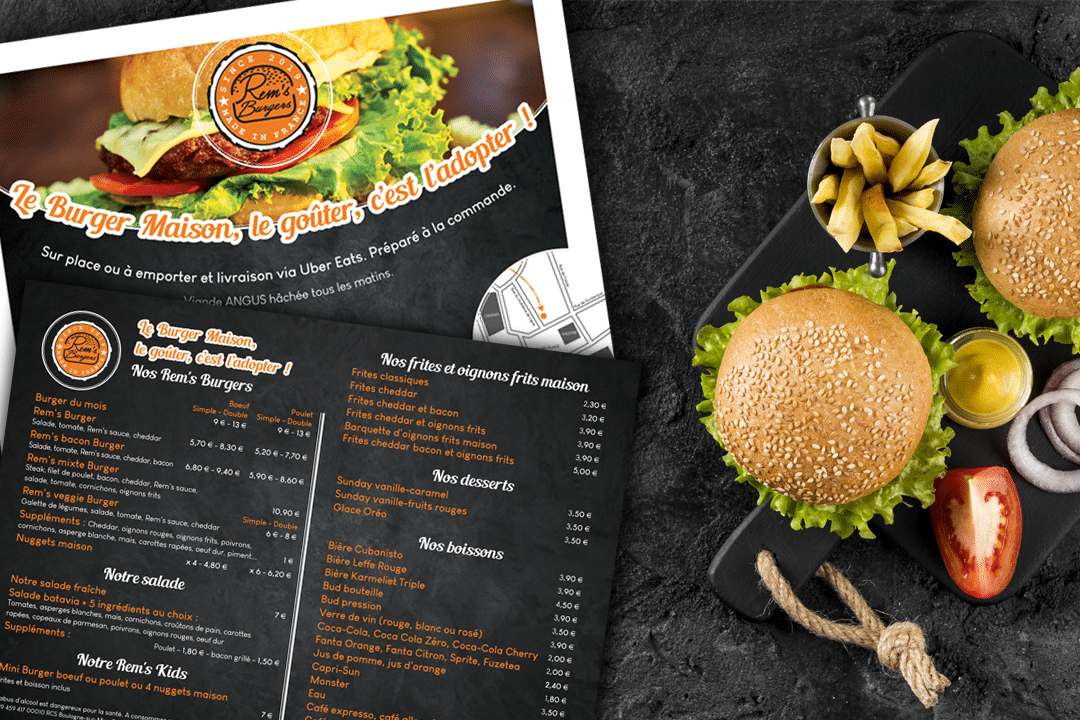 Création et conception graphique d’un menu pour Le Rem’s, restauration rapide